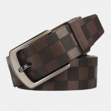 Men Cow Leather Solid Ginning Lattice Alloy D  shaped Pin Buckle Vintage Casual Business Belt