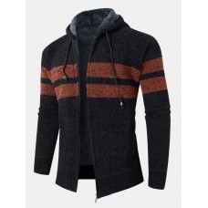 Mens Colorblock Knitted Zipper Warm Hooded Sweater Cardigans