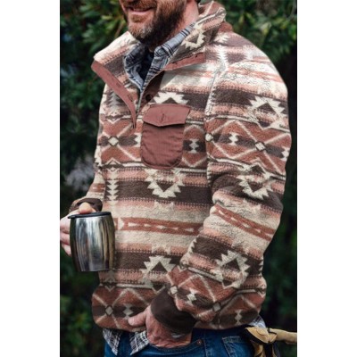 Men's Double-sided plush Pullover Prints Pullover in Coffee Stripe