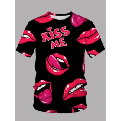 Casual Lip Letter Print Black Men T-shirt