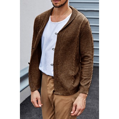 Men's Lapel Leather Button Solid Color Cable Long Sleeve Knit Sweater