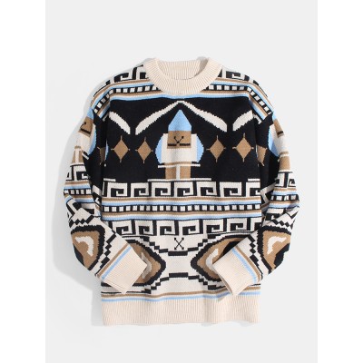 Mens Tribal Print Ethnic Style Knitted Round Neck Loose Casual Pullover Sweater