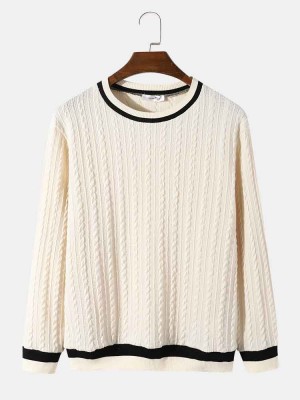 Men Cable Knitted Strip Contrast Pullover Loose Casual Sweaters