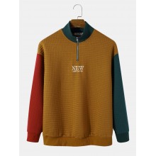 Men Corduroy Patchwork Contrast Color Letter Stand Collar Letter Pullover Sweatshirt