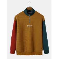 Men Corduroy Patchwork Contrast Color Letter Stand Collar Letter Pullover Sweatshirt