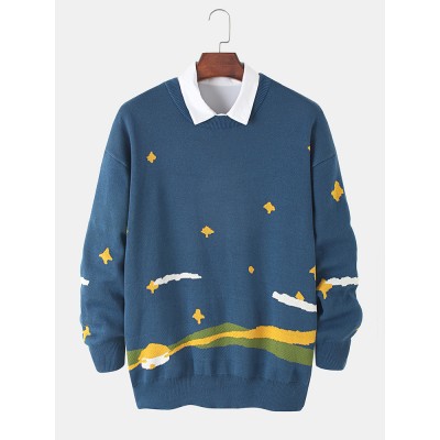 Mens Starry Sky Pattern Knitting Drop Shoulder Pullover Sweaters