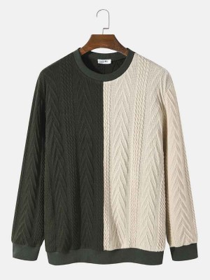 Men Patchwork Rib Knit Contrast Color Round Neck Pullover Sweaters