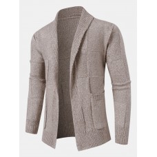 Mens Open Front Solid Color Knitted Long Sleeve Sweater Cardigans With Pocket