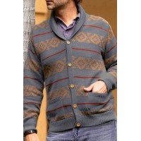 Men's Striped Jacquard Knit Grey Cardigan