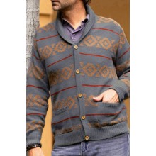 Men's Striped Jacquard Knit Grey Cardigan