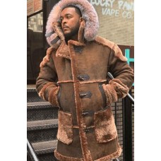 Mens Warm Suede Shearling Thicken Hooded Midi Coat