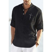 Men's Standing Collar Plain Cotton Linen Short Sleeve Fashion Casual Long-sleeved Shirt