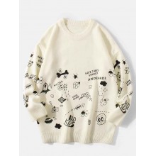 Mens Cute Cartoon Print Round Neck Long Sleeve Knitted Pullover Sweaters