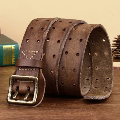 Men Genuine Leather Hollow 120CM Anti  Allergic Double Pin Buckle Breathable Jeans Suits Belt