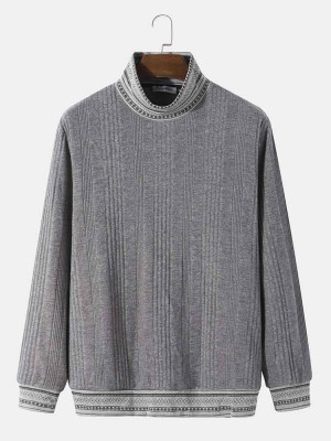 Men Rib Knit Ethnic Trim High Neck Pullover Casual Sweatshirt
